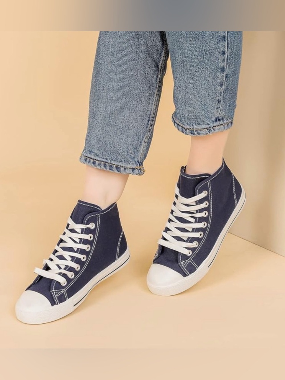 Josiny WomensHigh-Top Lace-Up Fashion Sneakers- Navy Canvas